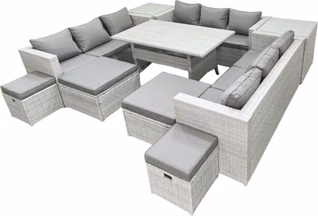 Fimous 13 Seater Rattan Garden Furniture Dining Set with Lounge Sofa, Dining Table, 4 Footstools and 2 Side Tables in Light Grey