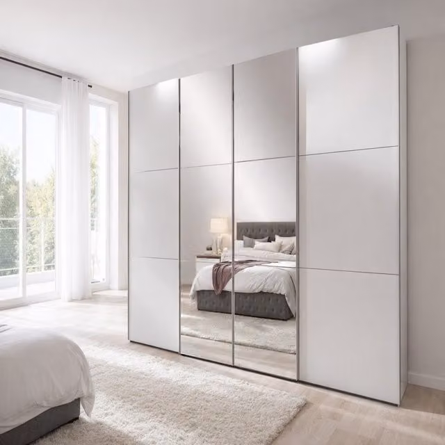 Tjs Escape 350 White 4 Door Sliding Wardrobe with Mirror and Internal Shelving
