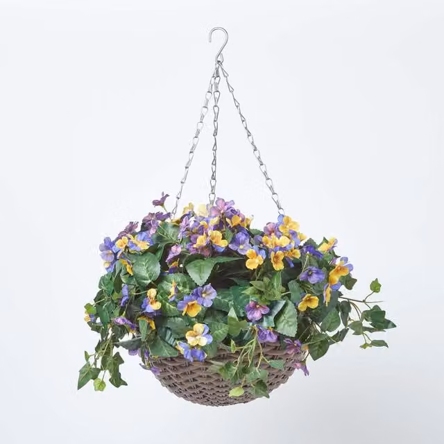 Homescapes Purple and Yellow Pansy Floral Hanging Basket, Diameter: 30 cm