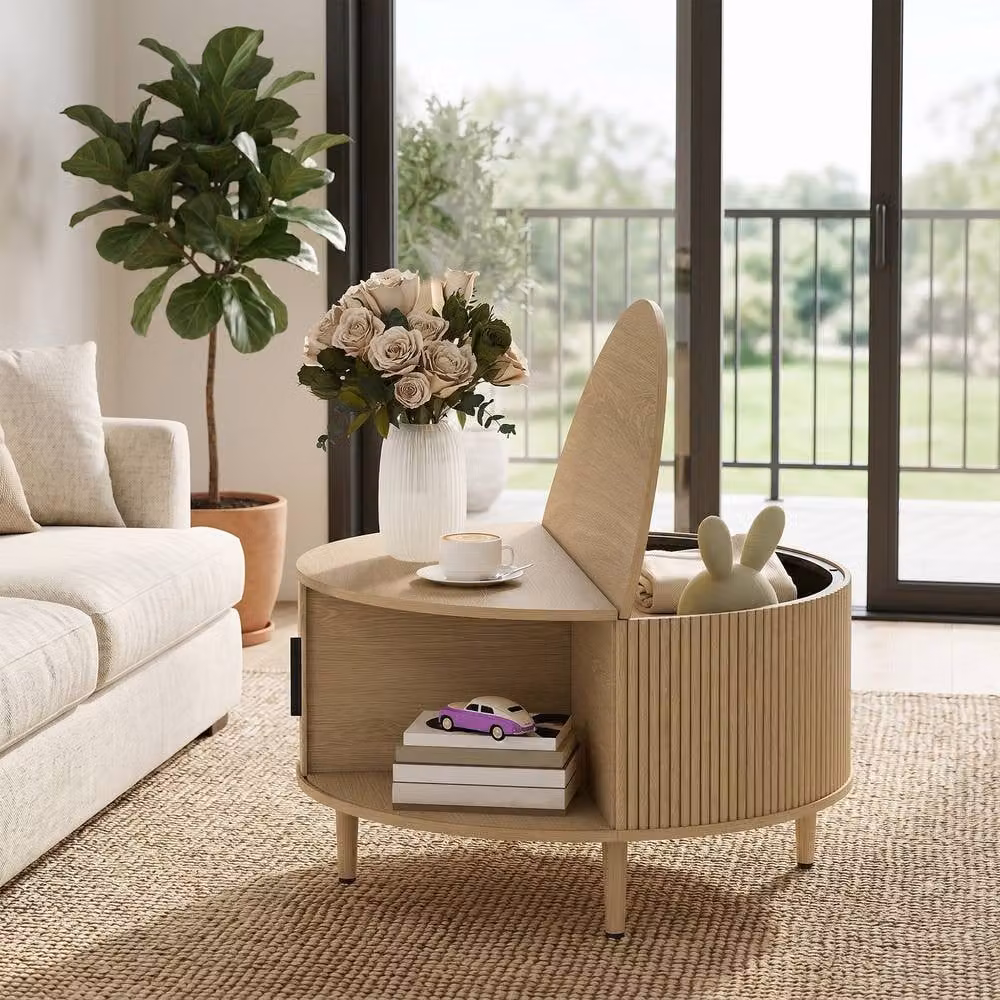 STILVORA Round Coffee Table with Lift Top and Storage in Brown, Beige and Multicolour, Diameter: 80 cm – 2