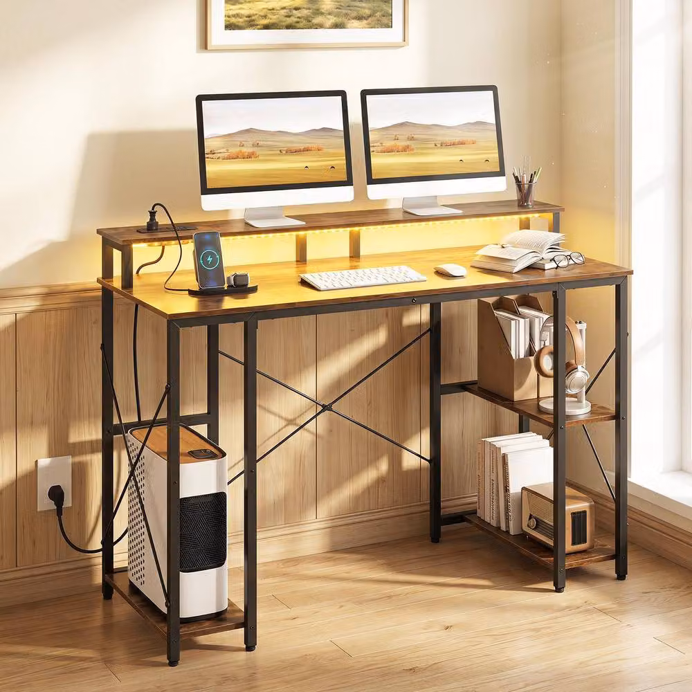 Gymax Brown Gaming Desk with Charging Station and LED Lights – 2