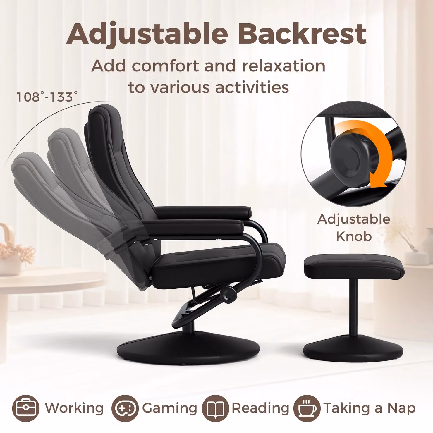 Costway 360 Degree Swivel Reclining Chair with Adjustable Backrest and Ottoman in Black Synthetic Leather – 7