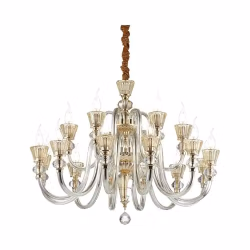 Netlighting Strauss 18 Suspended Chandelier in Gold and Brass with Crystal and Glass Details, E14