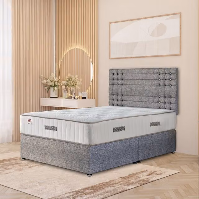 Somnior Beds Ltd Saville Grey Fabric Divan Bed Set with Headboard and Drawers W/D/H: 200 x 200 cm