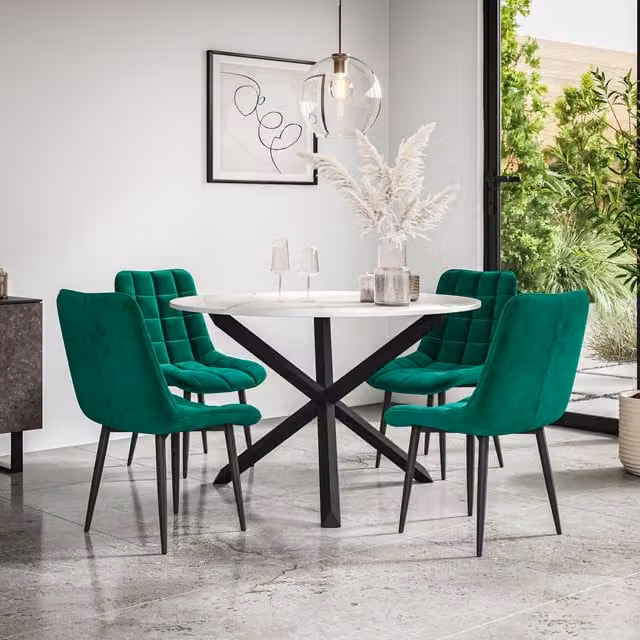 More4Homes Malvern Round Dining Table and Set of 4 Nova Green Velvet Chairs with Marble Top and Black Oak Legs, Diameter: 120 cm, Height: 75 cm – 1
