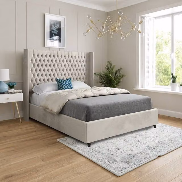 Casani Thwaite Straight Winged Designer Bed Frame in Beige Velvet, W/D/H: 200 x 137 x 189 cm – 1