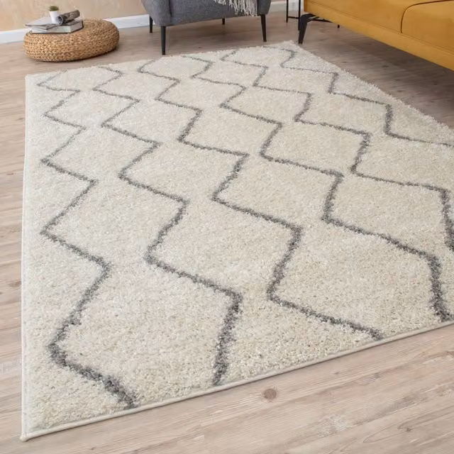 THE RUGS Moroccan Soft High Pile Shaggy Zigzag Rug, Off-White, W: 140 cm, D: 160 cm – 1