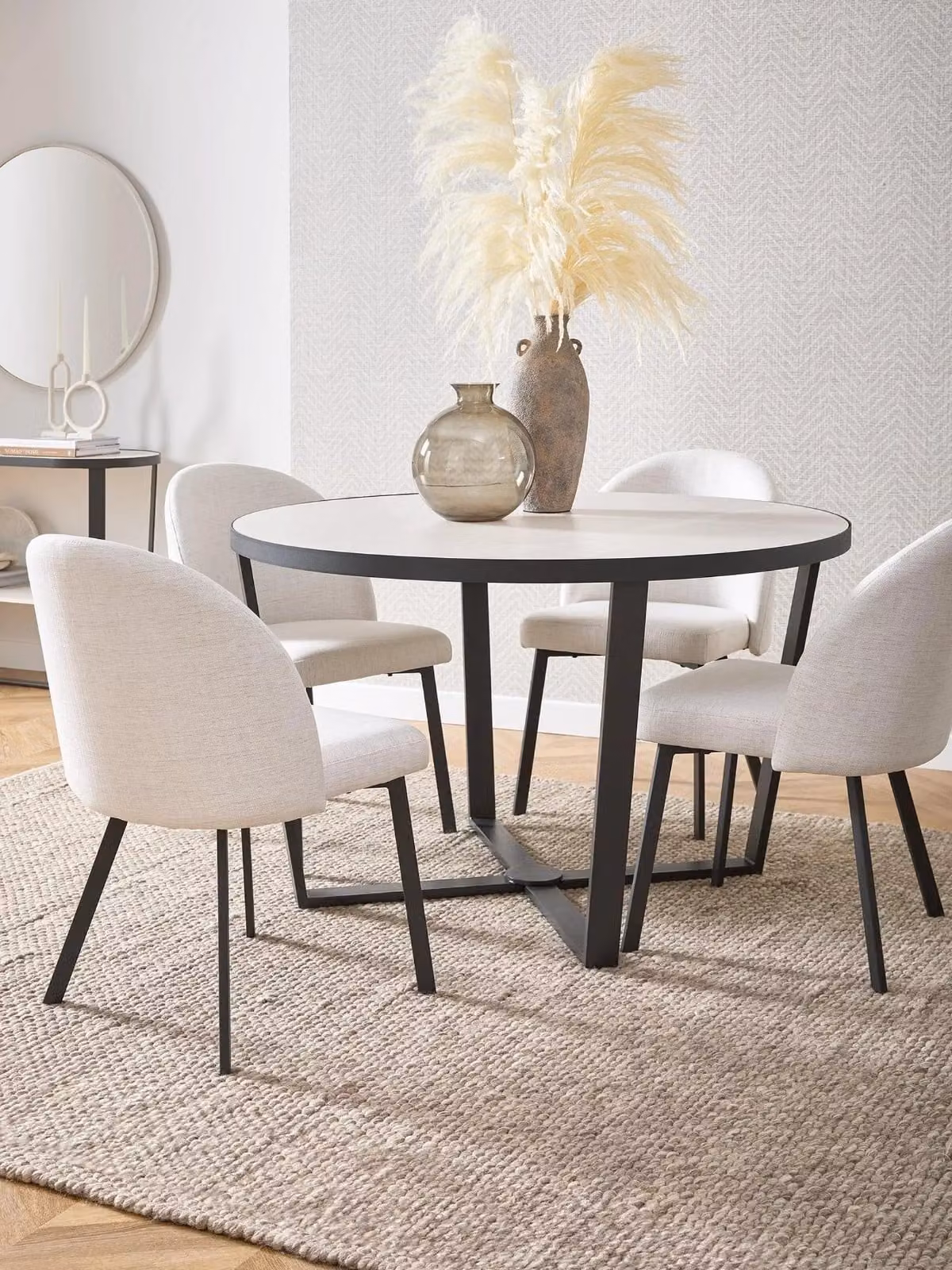 Cortes Dining Set with Round Ceramic Table and 4 Upholstered Chairs in Black and White