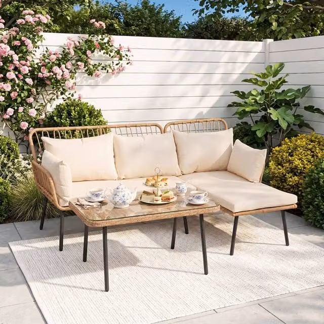 Gymax 3 Piece L-Shaped Patio Furniture Set with Upholstered Sectional Sofa, Coffee Table and Cushions in Beige Polyrattan – 1