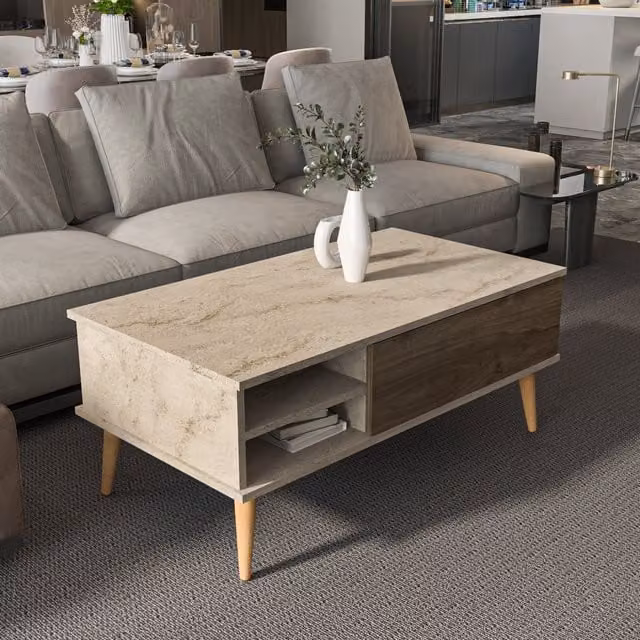 Decorotika Como Rectangular Coffee Table in Beige and Brown Travertine Style, Width: 110 cm