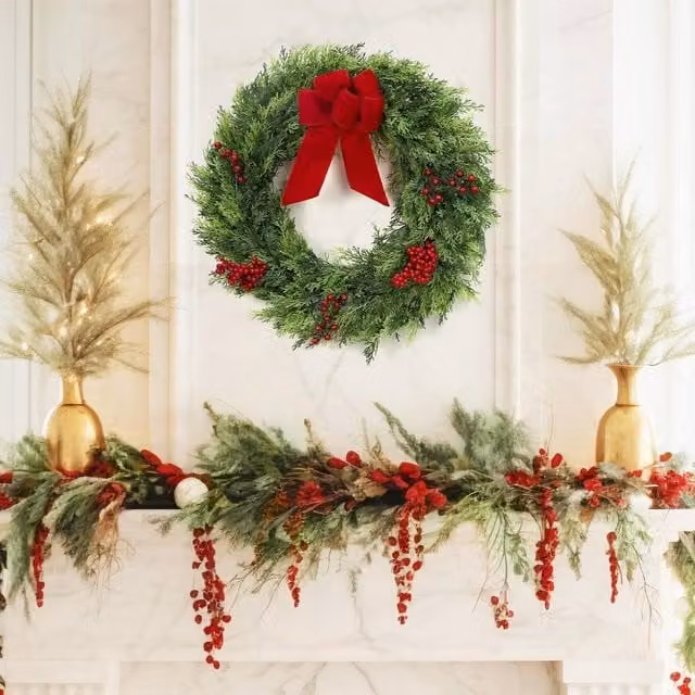 London Boutique Artificial Outdoor Christmas Wreath with Bow, Diameter: 60.96 cm – 1
