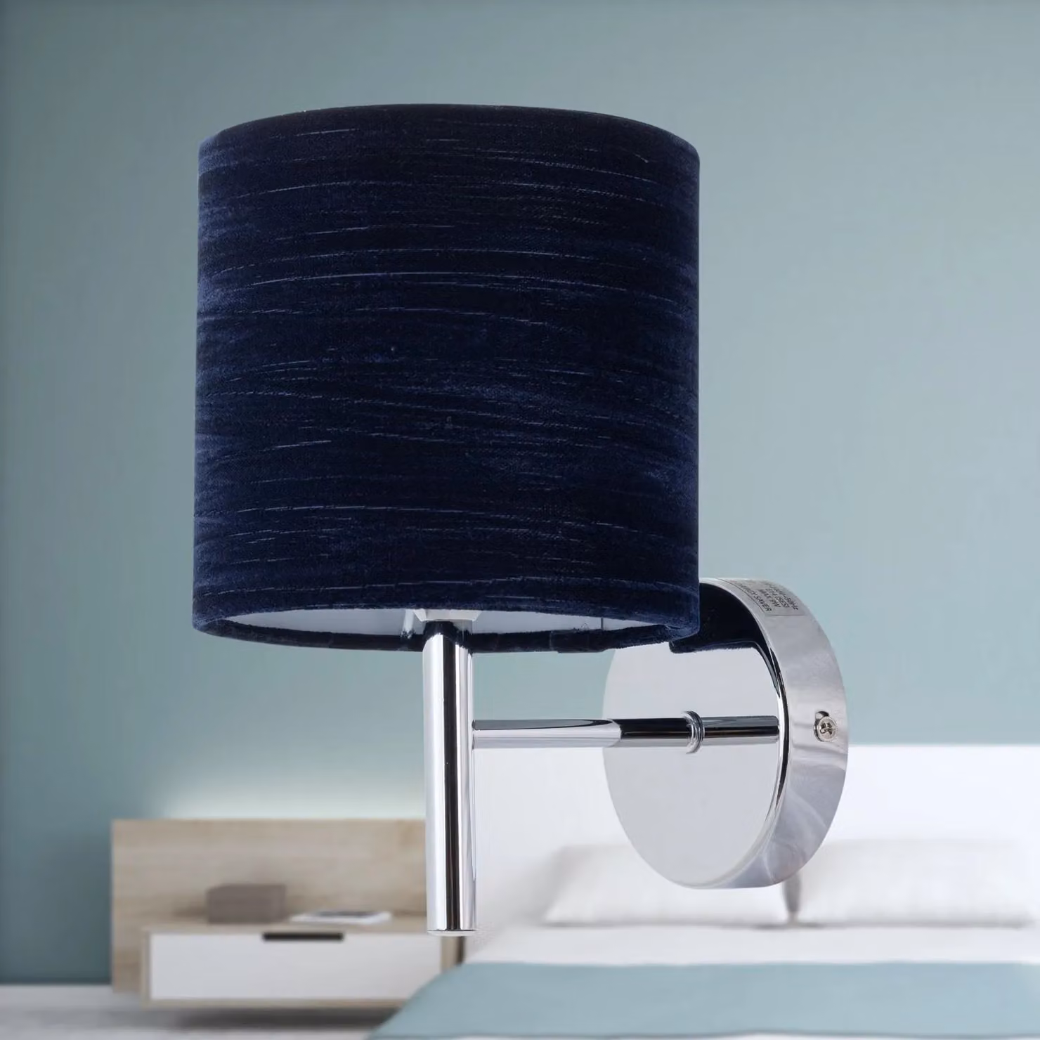 First Choice Lighting Brea Chrome Wall Light with Navy Blue Fabric Shade – 3