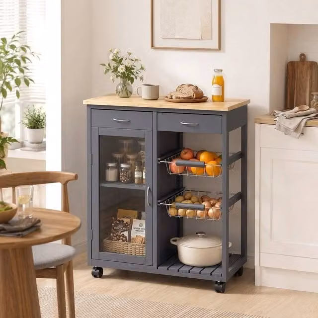 EONLION Modern Bamboo Kitchen Island with Glass Doors in Dark Grey – 1