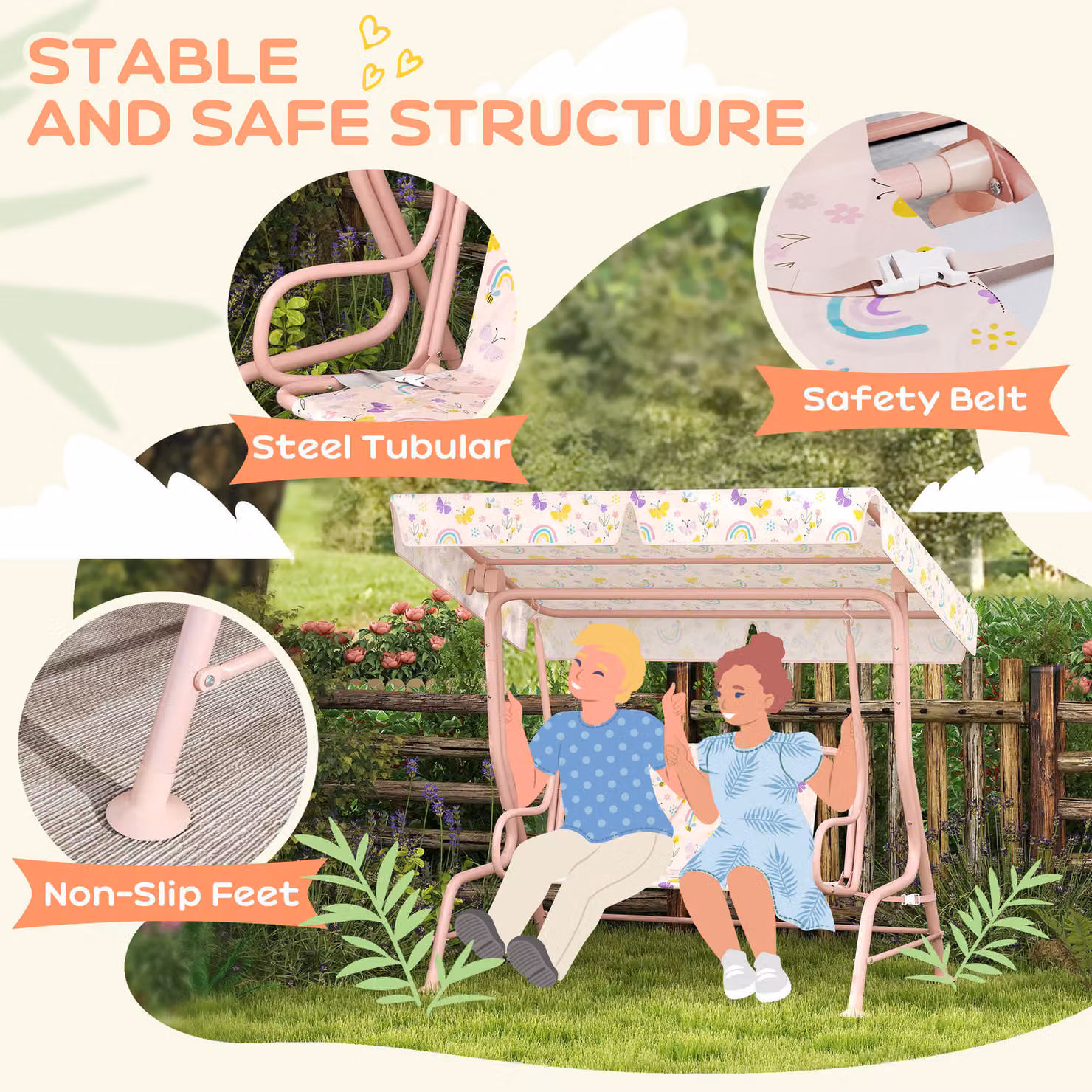 AIYAPLAY Kids Garden Swing Chair with Adjustable Canopy and Safety Belt, 2 Seater Hammock Swing Bench for Patio and Porch, Pink and Multicolour – 3