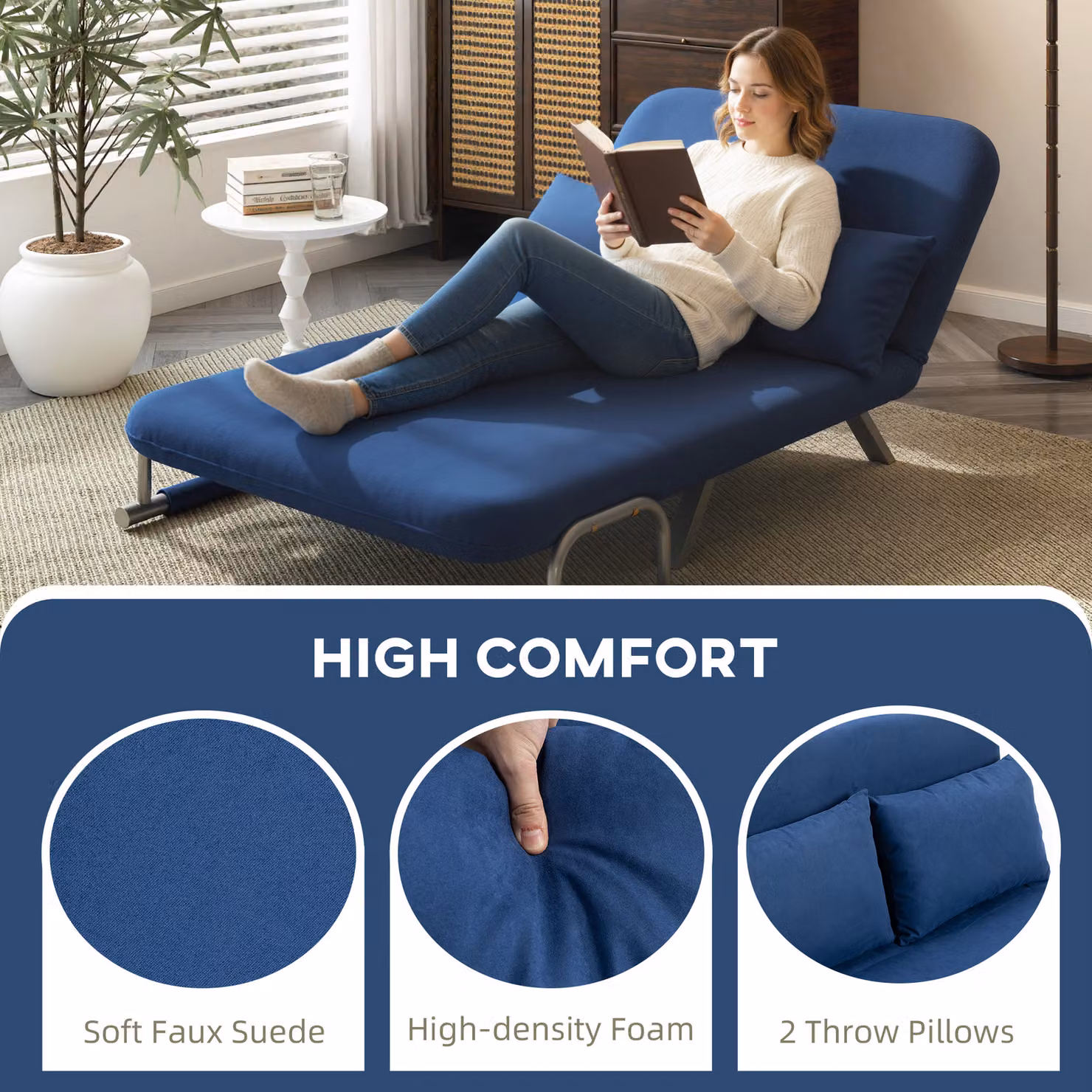 HOMCOM Two-Seater Click-Clack Sofa Bed in Blue with Microfibre Fabric and Metal Frame – 6