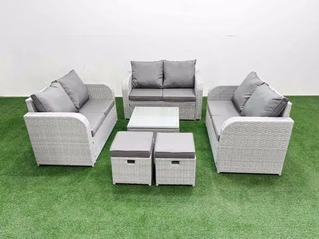 Fimous 8 Seater PE Rattan Garden Furniture Set in Light Grey with Square Coffee Table, 2 Seater Sofa and 2 Ottomans