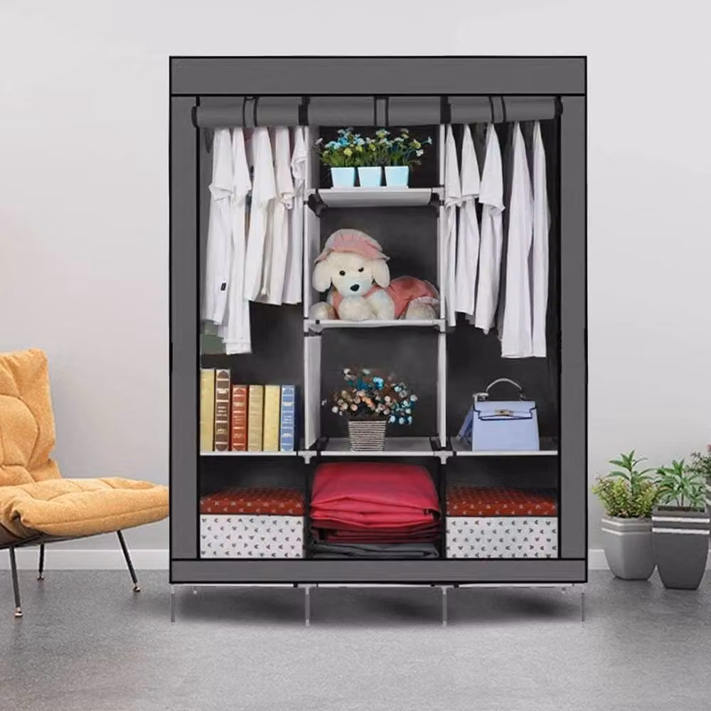 FORGEVIO Grey Heavy Duty Fabric Canvas Wardrobe with Hanging Rod and Open Shelving – 4