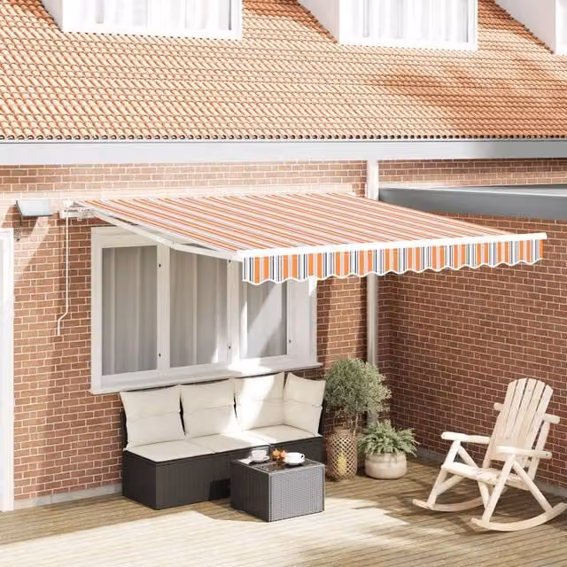 Berkfield Home Manual Retractable Striped Awning with Multicolour LED Lighting, W: 350 cm, D: 250 cm – 1