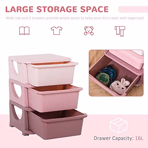 HOMCOM 3 Tier Plastic Kids Storage Unit with 3 Drawers in Pink – 3