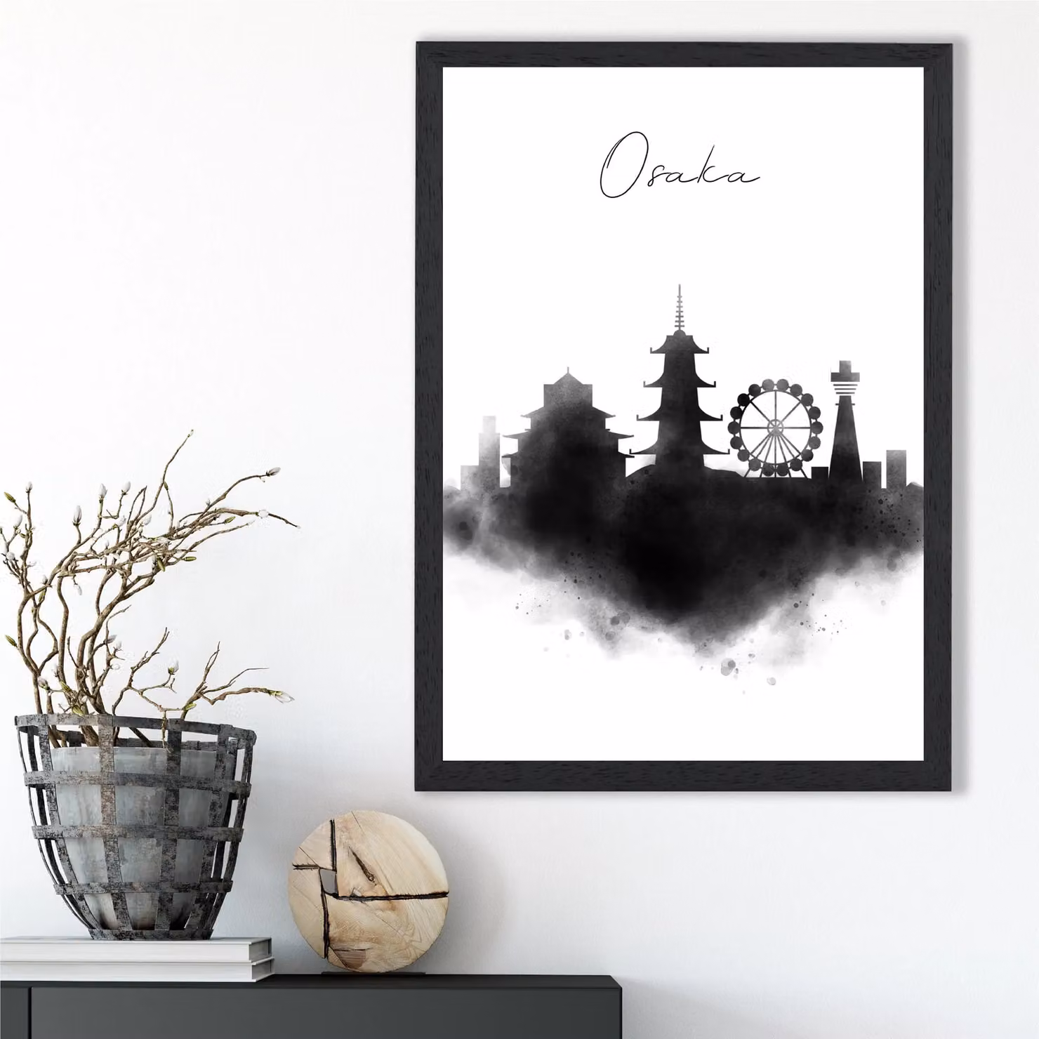 ARTZE Osaka Watercolour Skyline City Framed Print, Black Frame, A4 – 2