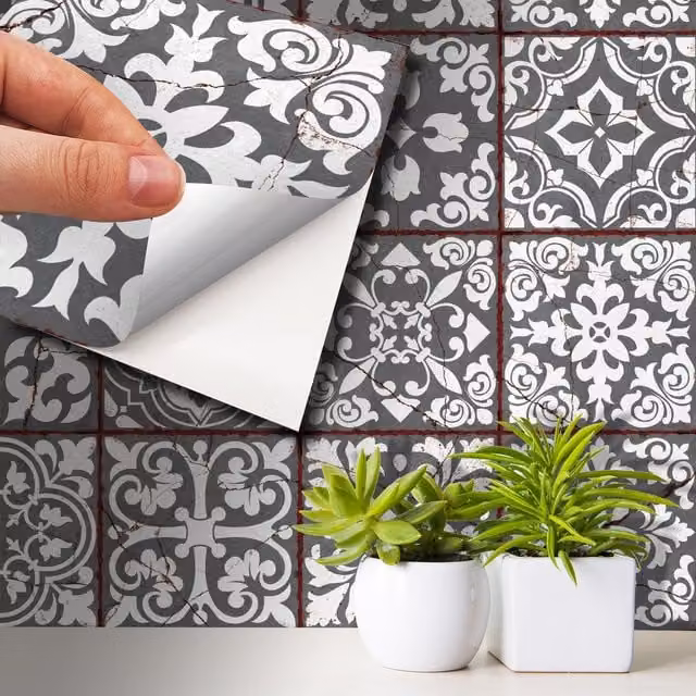Walplus Adhesive Mediterranean Floral Wall Tile Stickers in Grey, White and Brown, W: 15 cm, H: 15 cm, 24 Pack