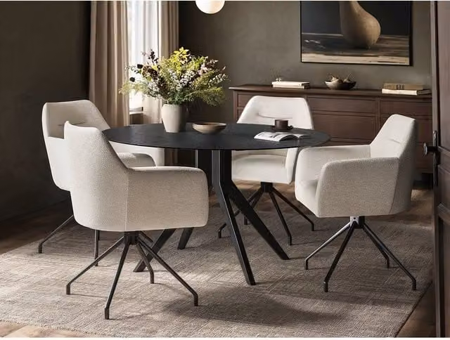 Solace+Co Emil Round Glass Dining Table and Isla Chairs Set in Black and Beige – 1