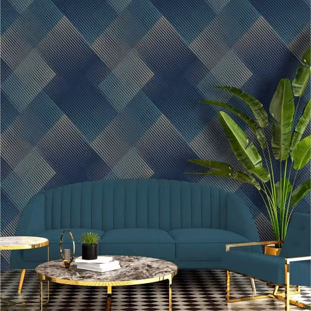Belgravia Decor Geometric Hoxton Metallic Wallpaper in Petrol Blue and Silver
