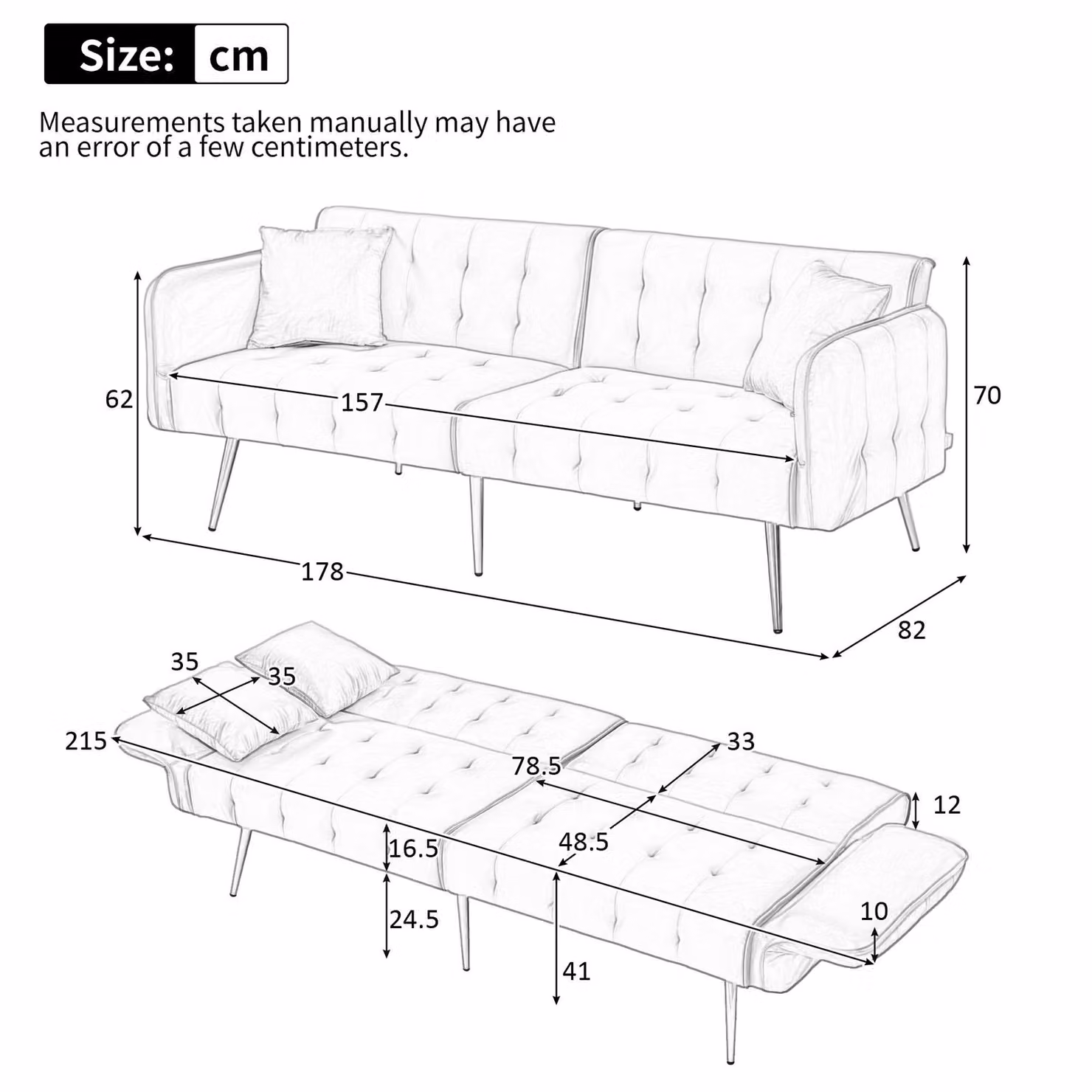 Aosom UK Black Velvet 2-Seater Click-Clack Sofa Bed with Gold Accents, W/D/H: 178 x 82 x 70 cm – 3