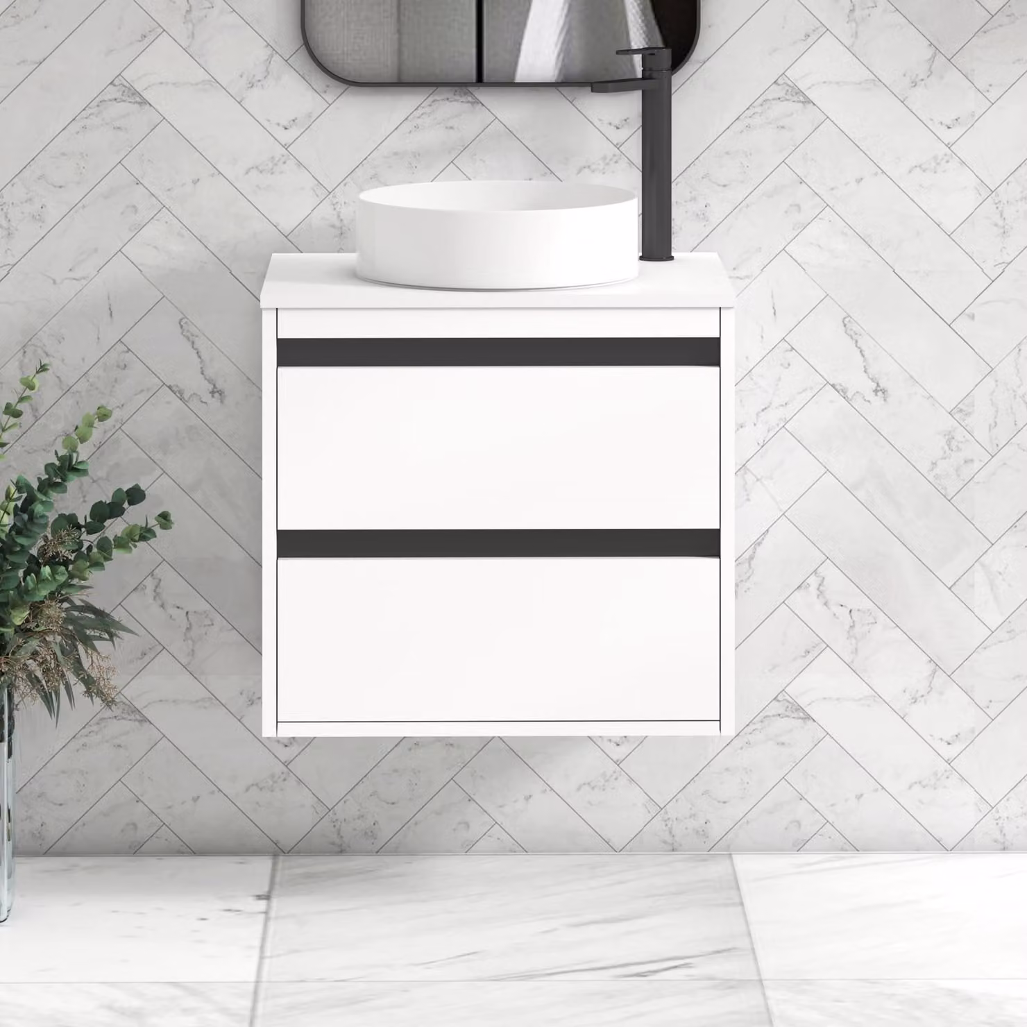 Royal Bathrooms Orion 600mm Wall Hung Matt White Vanity Unit with 2 Drawers, Art Basin and Black Accent Trim