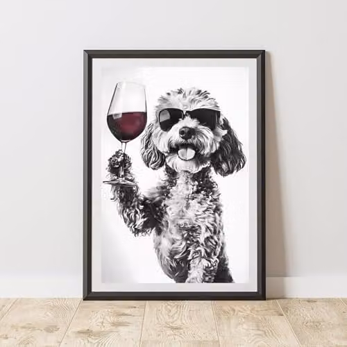 60 Second Makeover Funny Cockapoo Drinking Wine Paper Poster, Black and White, A3