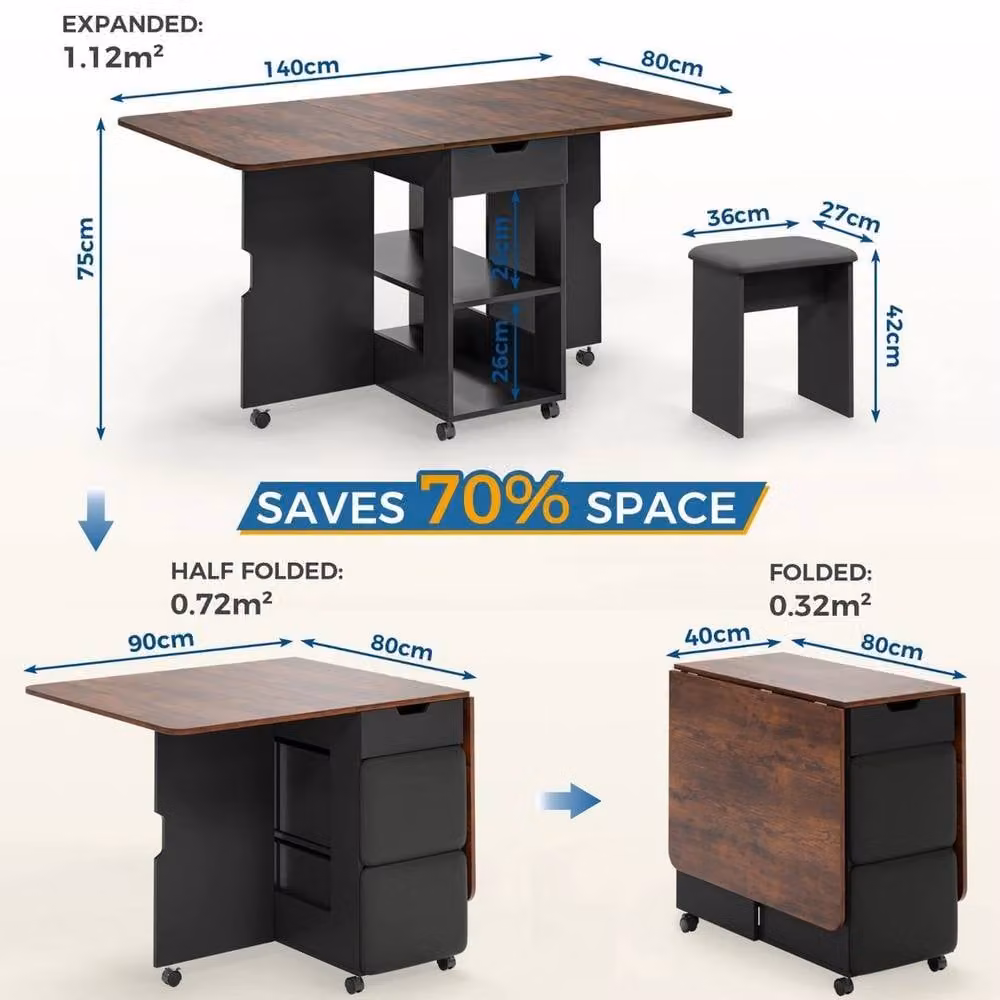 FORGEVIO 3-in-1 Folding Dining Table and 4 Chairs Set in Brown – 3