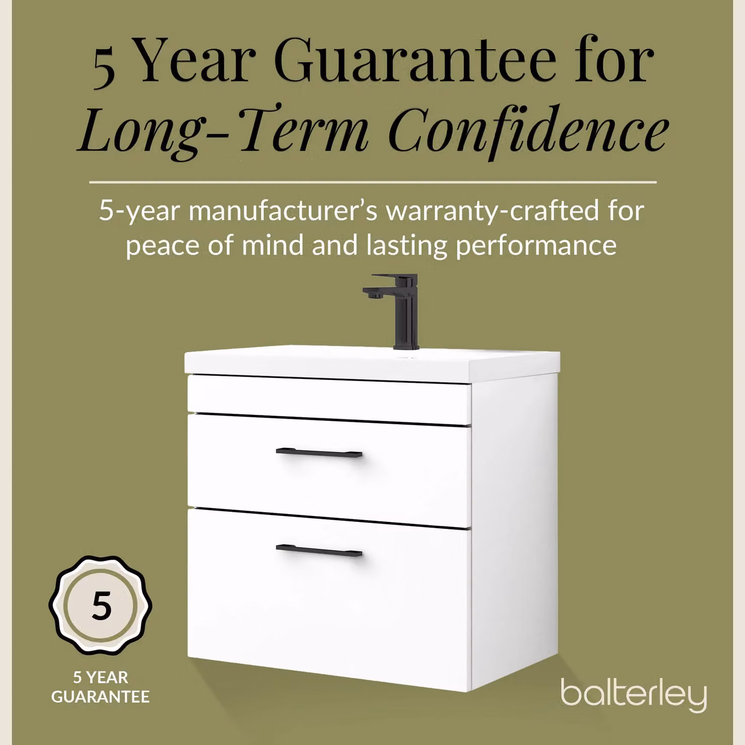 Balterley 2 Drawer Wall Hung Bathroom Vanity Basin Unit in White with Black Handles, Width: 60 cm – 4