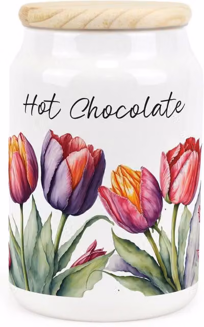 Purely Home Tulips Floral Ceramic Hot Chocolate Storage Canister in Purple and White