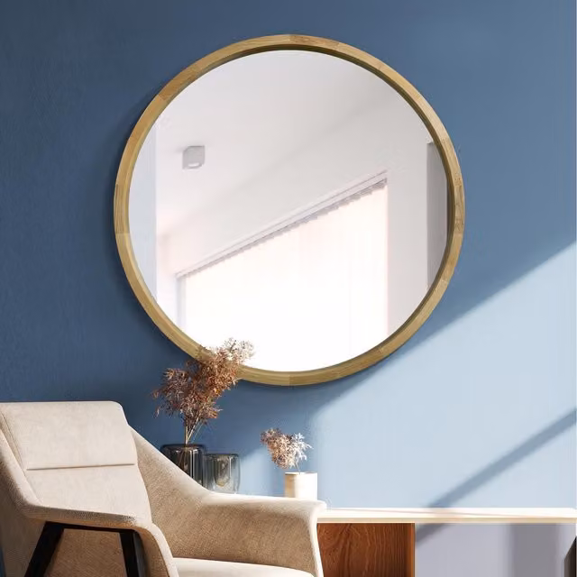 MirrorOutlet Naturalis Solid Oak Round Circular Framed Wall Mirror, Brown, Diameter: 100 cm