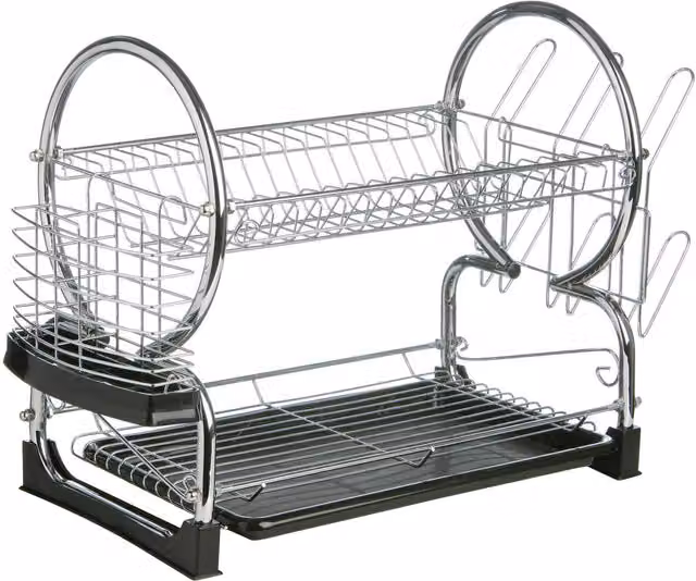 Orsina 2 Tier Dish Drainer with Black Plastic Drip Tray, Cutlery Holder and Cup Holder in Silver and Black – 1