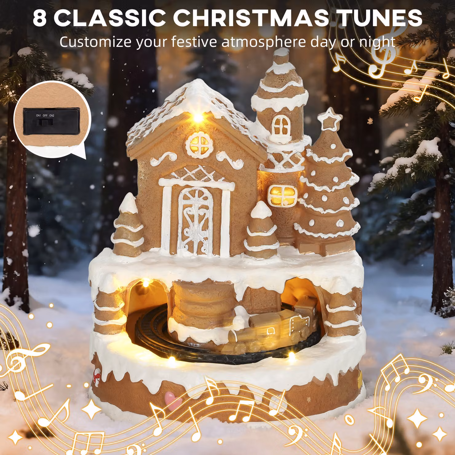 HOMCOM Christmas Gingerbread House Lighted Musical Snow Village with Rotating Train and LEDs in White and Brown – 5