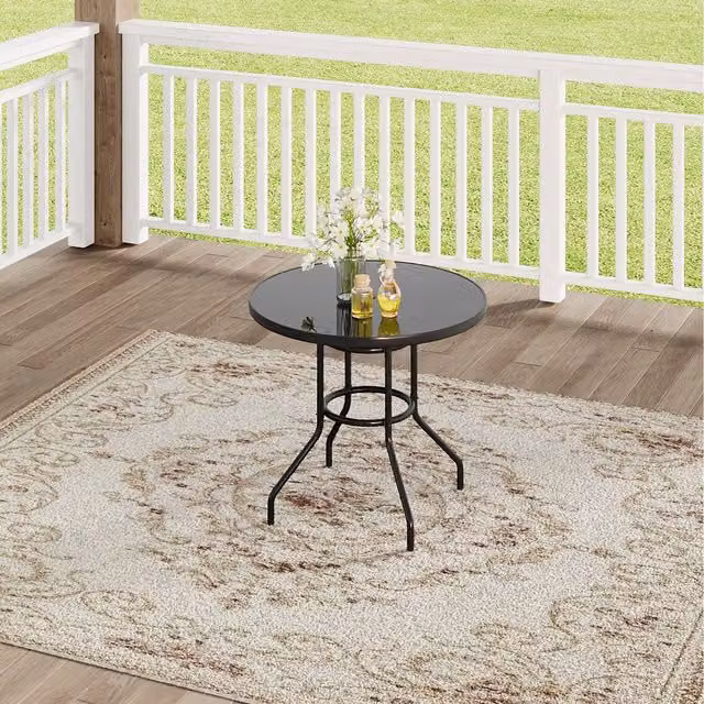 Komore Black Glossy Outdoor Tempered Glass Table with Parasol Hole