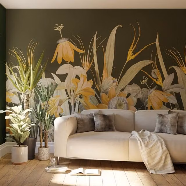 Superfresco Easy Flora Green and Ochre Floral Wall Mural, W: 300 cm, H: 280 cm