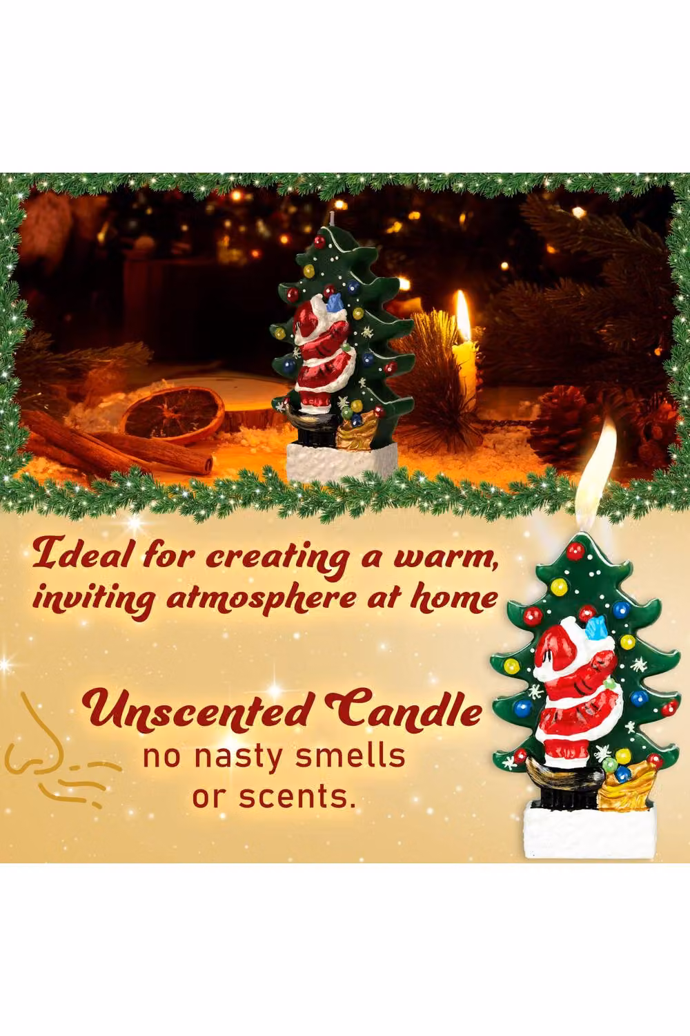 Deco Express Christmas Santa and Christmas Tree Festive Candle in Multicolour and Green, W/D/H: 19.5 x 11.5 x 11.5 cm – 9