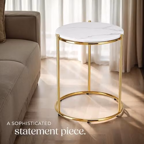 tectake Ellsa Round Marble Look Side Table in White and Gold, W/D/H: 50.5 x 50.5 x 43 cm – 2