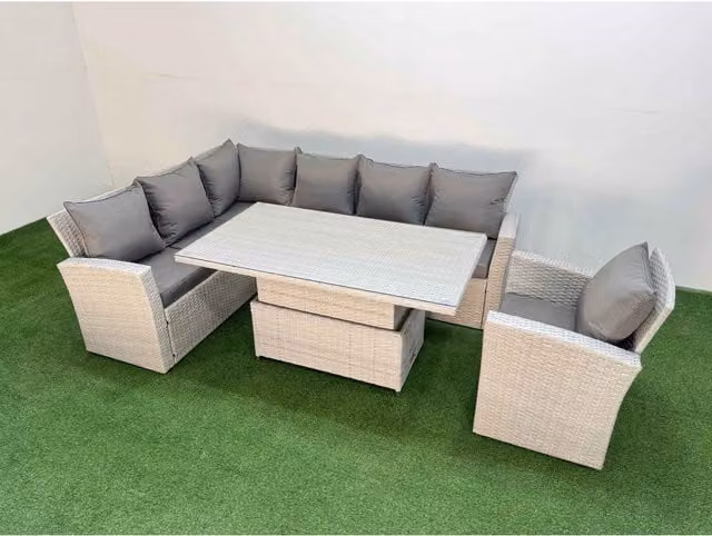 Fimous 7-Seater PE Rattan L-Shape Corner Sofa Set with Adjustable Lift Table and Upholstered Cushions in Light Grey