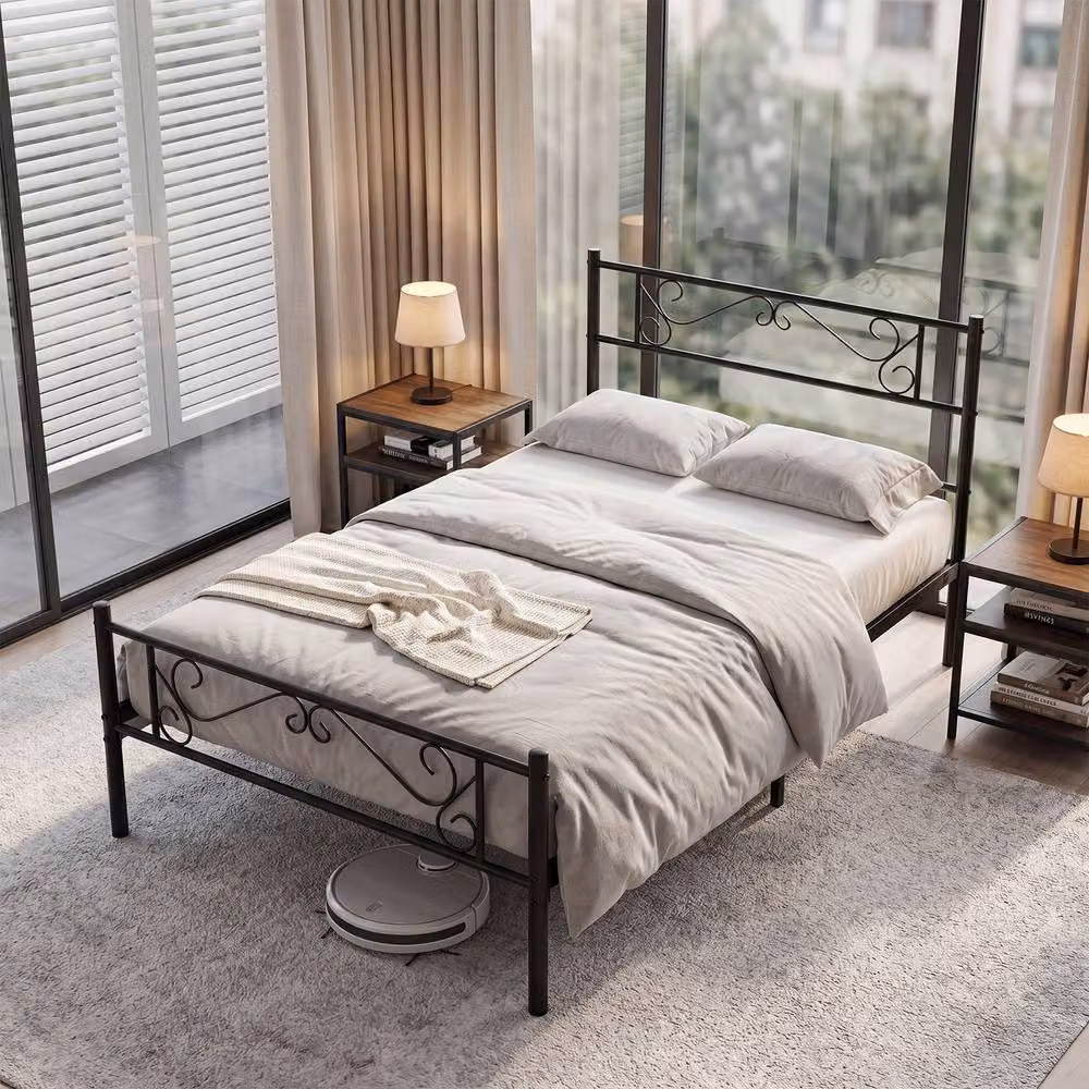 Gymax Single Size Floral Metal Platform Bed Frame with Slats, Black, W/D/H: 90 x 190 x 220 cm – 8