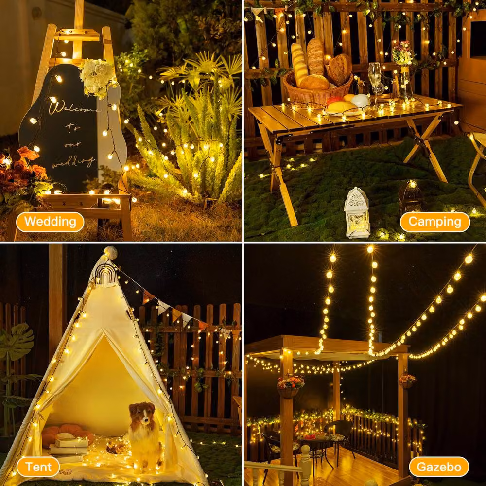 Ollny Warm White Solar String Lights with 100 LEDs, 12m Length, IP44 Waterproof, 8 Modes and Auto On/Off in Black – 5