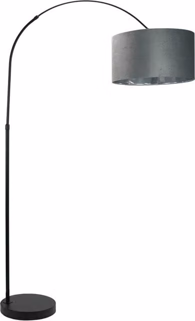 Louis Poulsen Adjustable Black Arched Floor Lamp with Grey Fabric and Chrome Inner Shade and Bulb