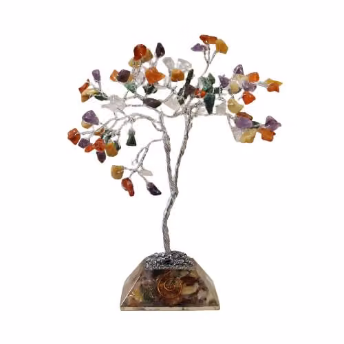 KDMD Gemstone Tree with Orgonite Pyramid Base, Multicolour, W/D/H: 15.5 x 5.5 x 5.5 cm