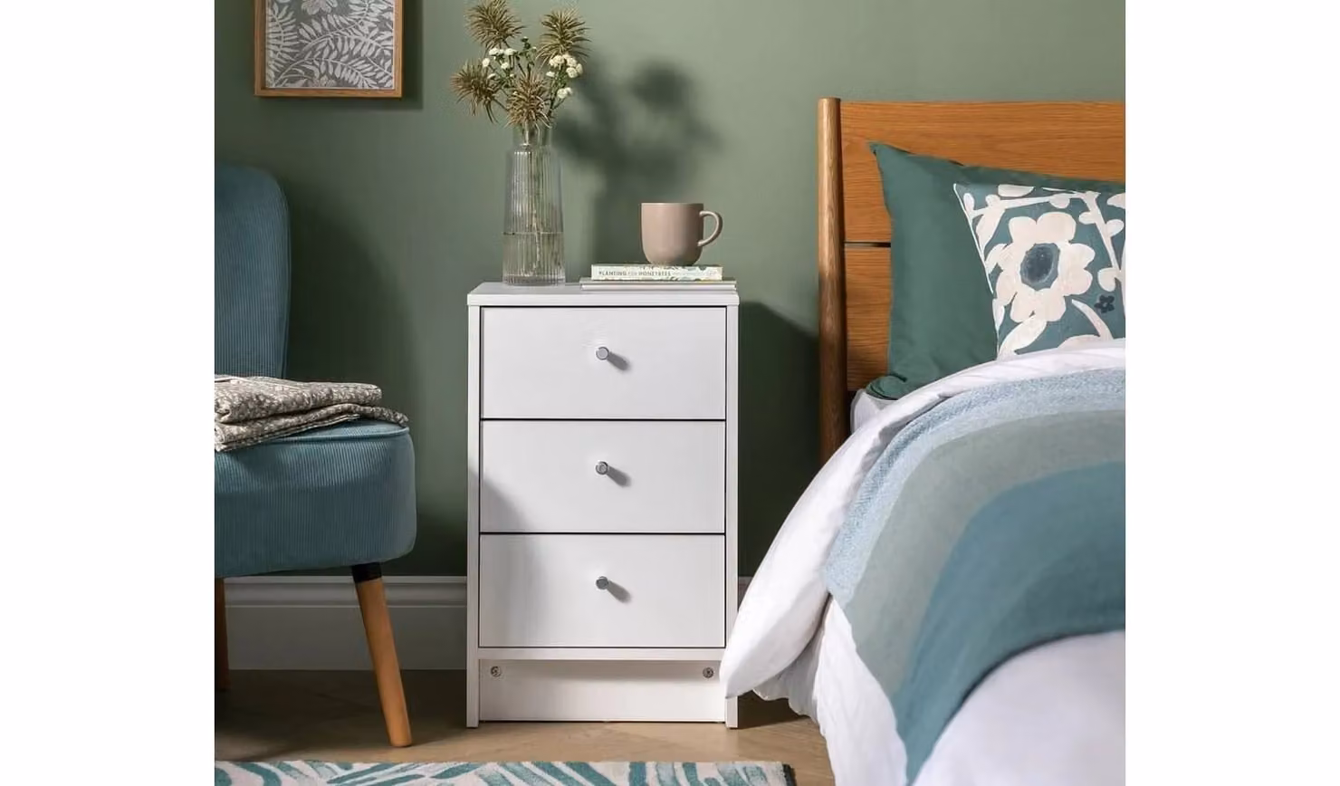 Malibu 3 Drawer Bedside Table White Compact Storage Organiser Unit W/D/H: 39.6 x 38.3 x 60.6 cm