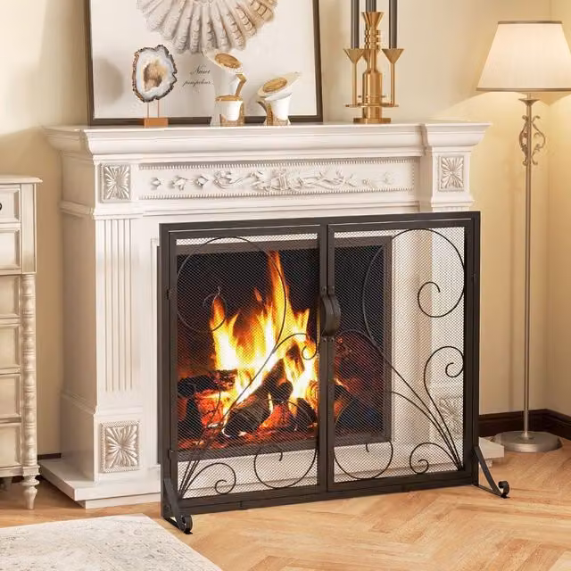 COSTWAY Double Door Fireplace Screen in Black