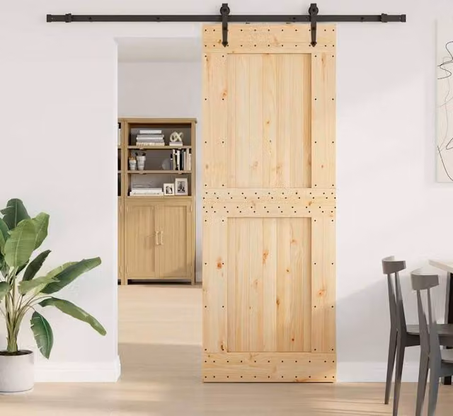 Berkfield Home Modern Sliding Door with Hardware Set in Beige Solid Wood and Steel, W: 85 cm, H: 210 cm