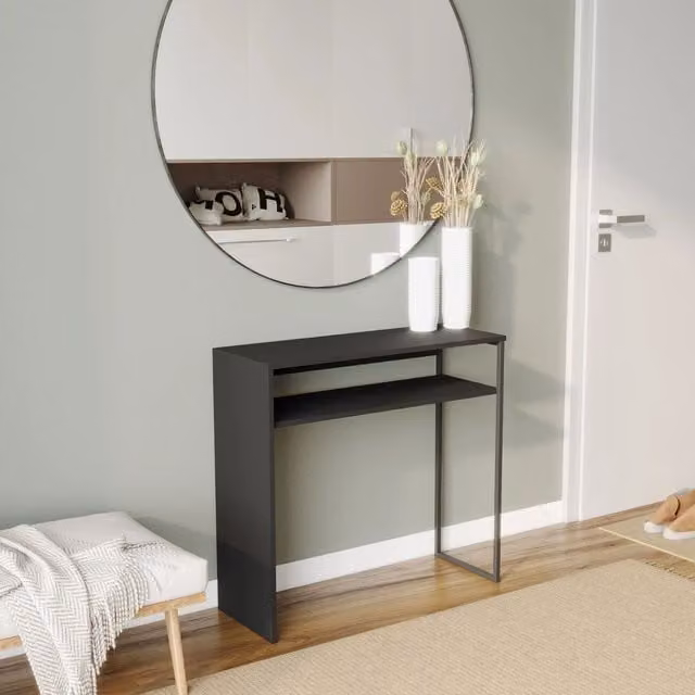 EONLION Black Wooden and Steel Console Display Table with Storage Shelf, W: 80 cm, H: 75 cm, D: 30 cm