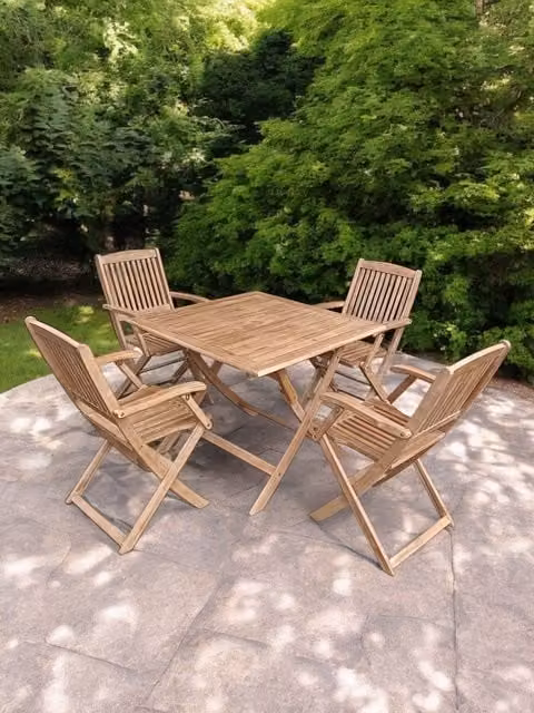 Royalcraft London 90cm Square Folding Acacia Wood Dining Set with 4 Folding Armchairs in Natural Brown – 1